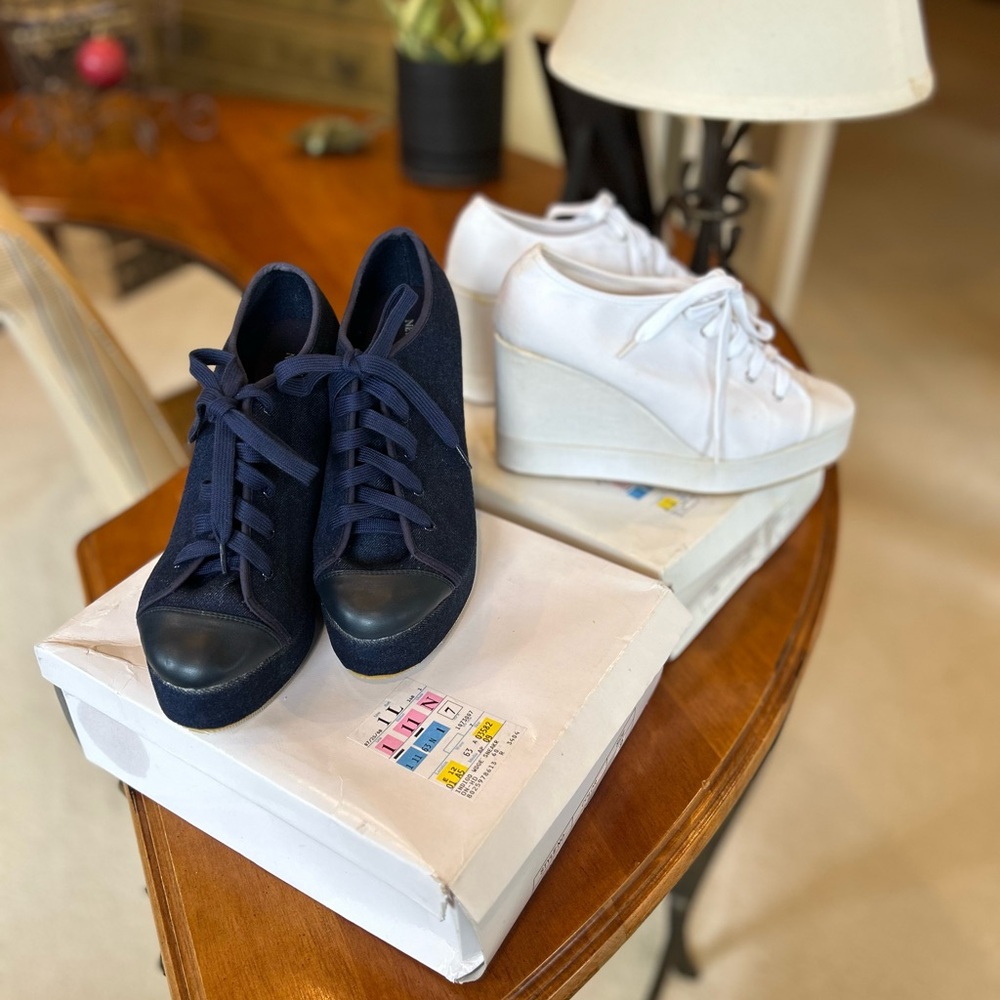 Stylish Vintage Navy and White Wedge Sneakers